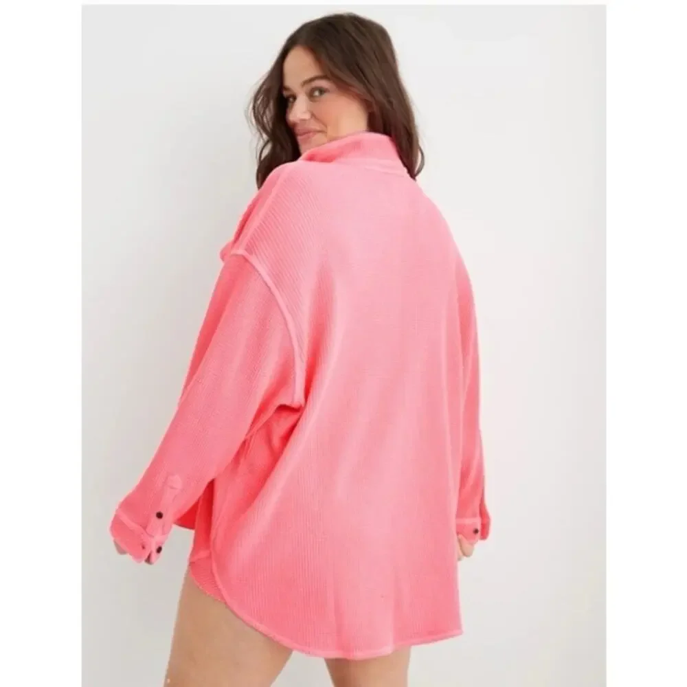 NEW! Aerie 'LumberJane' Waffle Shirt in CORAL SUN (XL) - Picture 3 of 6
